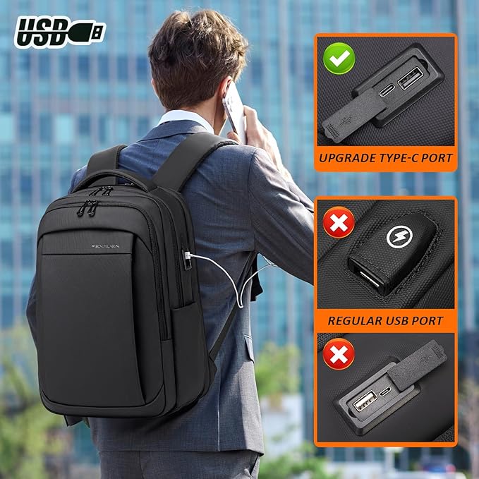 FENRUIEN Expandable Travel Backpack for Men, Water Resistant Computer Backpack with USB Charging Port，Black Laptop Bag 17.3 Inch