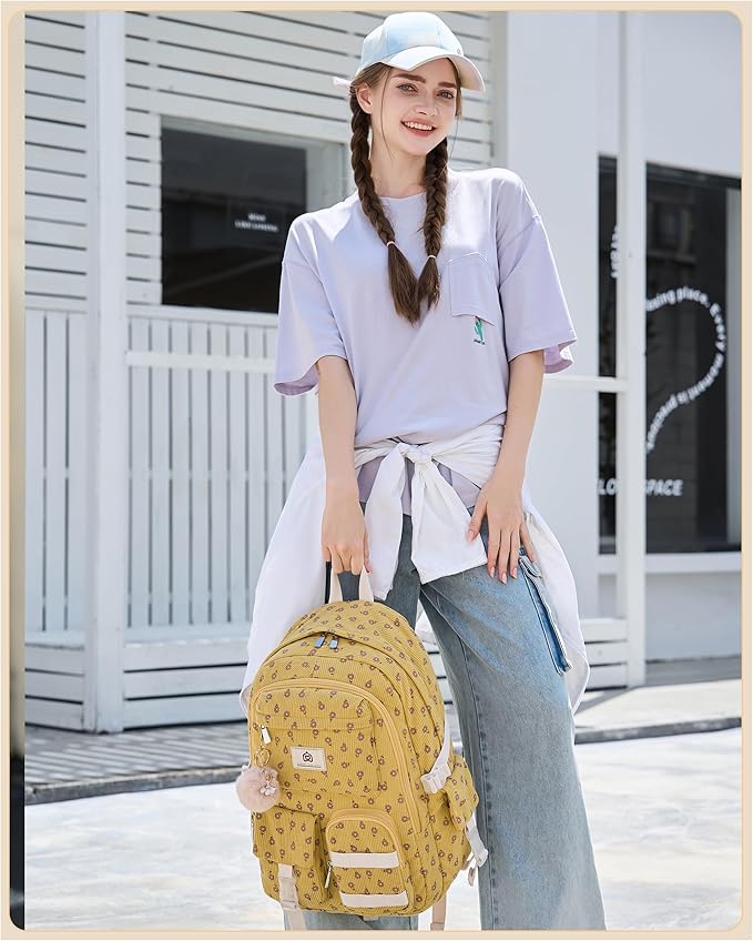 Hidds School Backpack for Teens Girls Women 15.6 Inch College Backpacks Corduroy Work Bag Kids Middle High School Bookbag Students Back Pack Anti Theft Travel Daypack Womens-Corduroy Khaki Floral