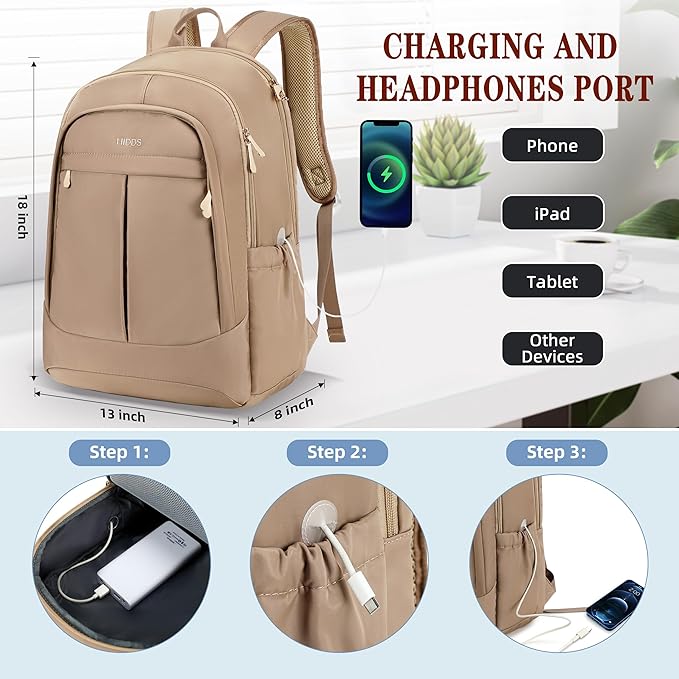 Hidds Travel Laptop Backpack for Women 15.6 Inch Computer Backpacks with USB Charging Hole Anti Theft Carry on Bag College Bookbag Large Back Pack for Work Business Traveling Commuter Daypack-Coffee