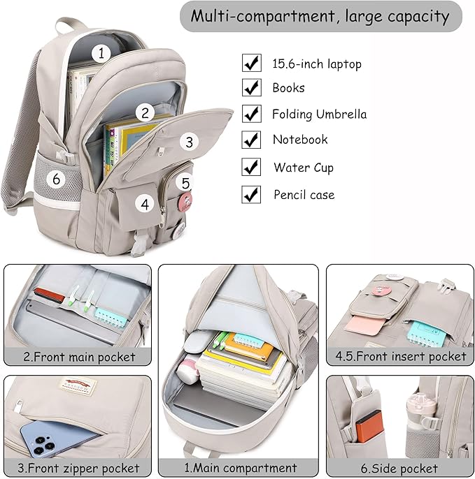 Makukke School Backpacks for Teen Girls - Laptop Backpacks 15.6 Inch College Cute Bookbag Anti Theft Women Casual Daypack,Gray