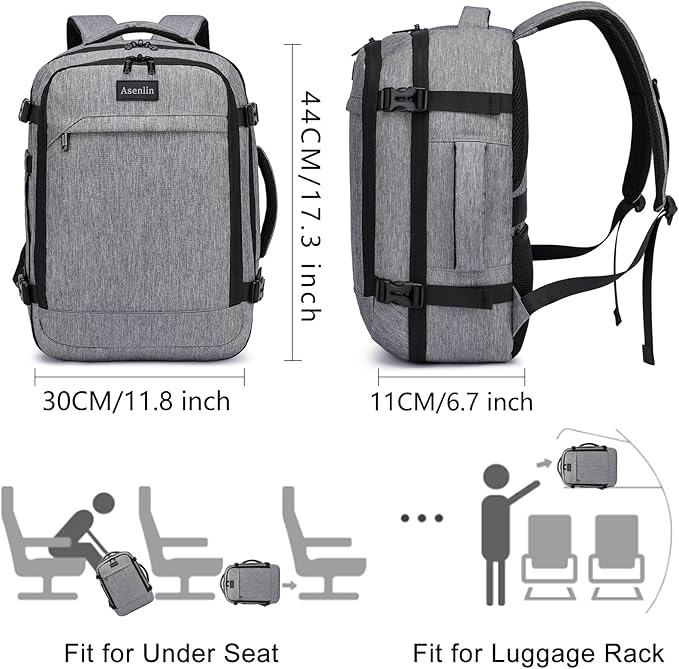Asenlin Travel Backpack for Women Men,Flight Approved Carry On Luggage 30L Water Resistant Business Mochila Work Laptop Backpacks Fits TSA 15.6 Inch Computer College Weekender Outdoor Hiking-Grey