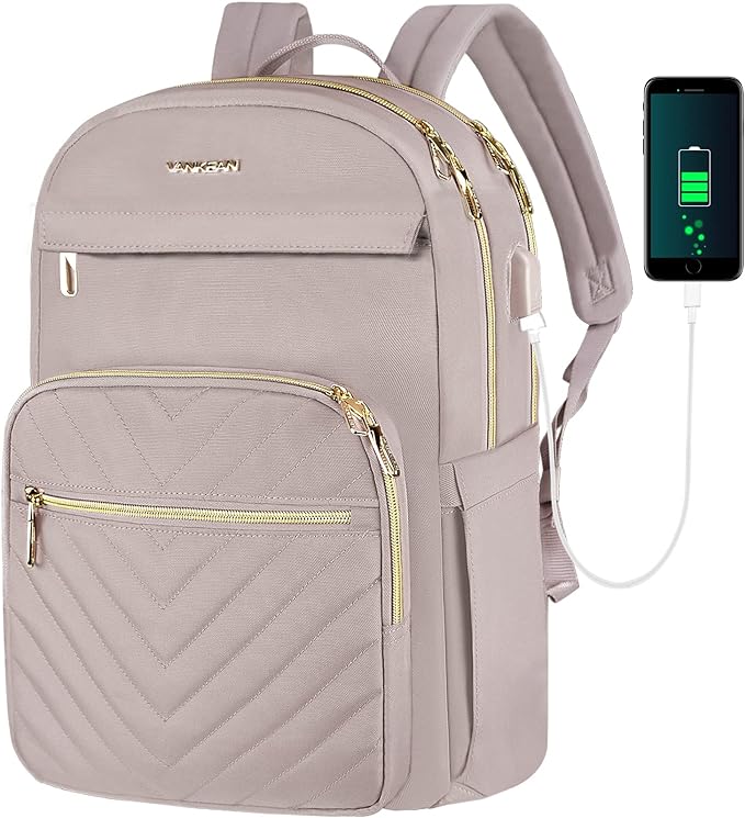 VANKEAN Laptop Backpack for Women with USB Port,15.6 Inch Laptop Computer Bag Travel Backpack Purse,Waterproof Work Business Backpack College Teacher Bags, Light Dusty Pink