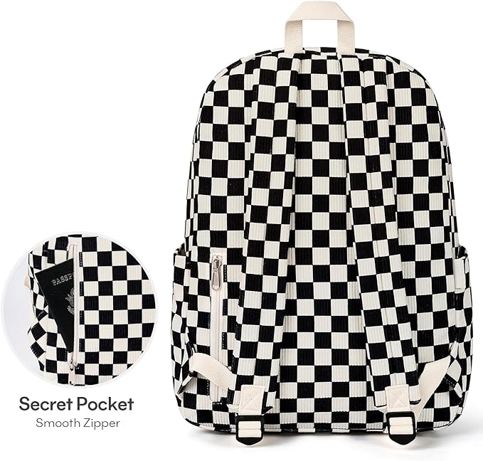 mibasies School Backpack for Girls with Laptop Sleeve: 18IN Large Capacity Corduroy Bookbag for Primary Middle School/College, Travel Daypack for Teens Women - Black Checkered