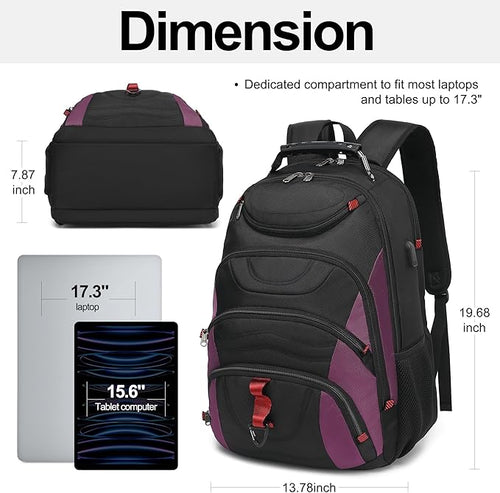 Boavan Laptop Backpack for men, 17.3 inch Laptop Bag with USB Port, Waterproof Travel Work Backpack Purse, Anti-Theft Teacher Nurse Doctor Casual Bookbags Office Business backpack，Black& Purple