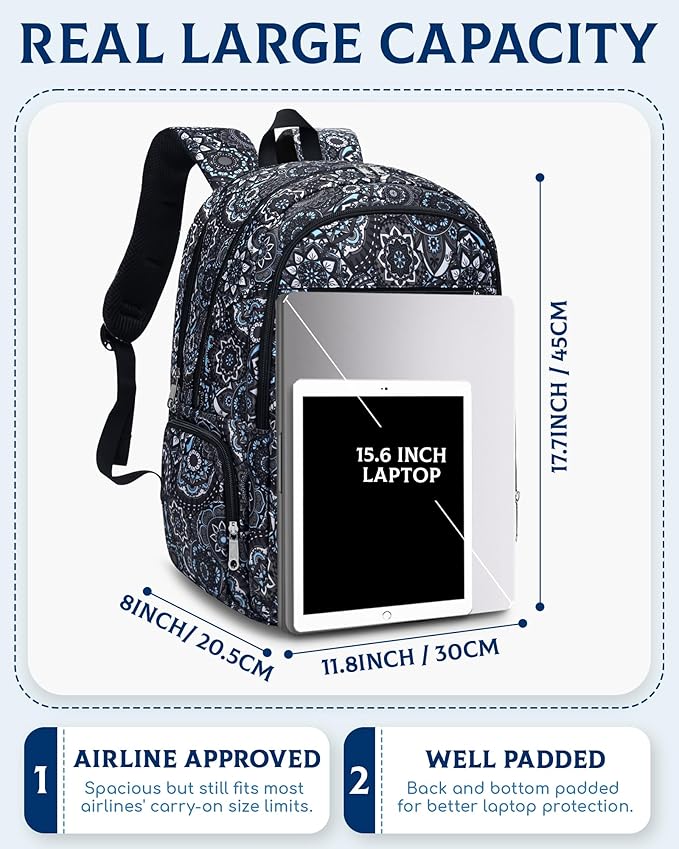 Large Backpack for Women Backpack with Lots of Pockets for Travel Work School Bookbag with Laptop Compartment for High School College Girls Mochilas Morrales para Mujer (Black/Gray, Paisley)