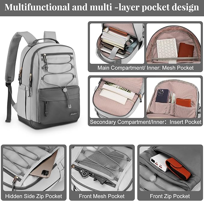 School Backpack for Teens Girls, Aesthetic College Backpack Large Bookbag for Women Students Fashion 15.6 Inch Laptop Bag for Work Travel (Dark Grey & Light Grey)