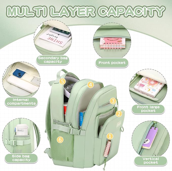 Kids Backpack for School Cute Aesthetic Green Backpack Girls Student Bookbag Women Travel Lightweight Book Bag