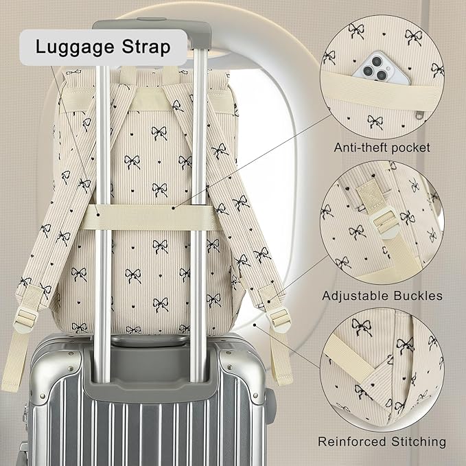 Corduroy Travel Backpack for Women, 15.6 Inch College Laptop Backpack, Fashion School Bookbag Work Backpacks (Corduroy Bow Tie)