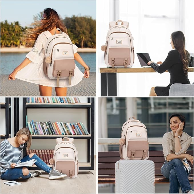 School Backpack for Girls Teens, Cute Aesthetic College Backpacks Large 15.6 Inch Laptop Bag Preppy Bookbag for Women Students Travel (Khaki Beige)