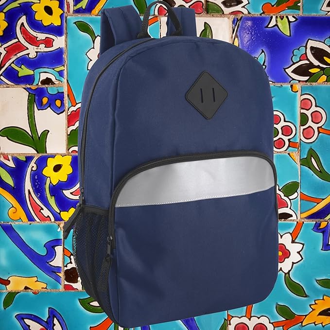 Trail maker Reflective School Backpack for Kids | Colorful Backpack with Adjustable Straps, Side Water Bottle Pockets (Navy)