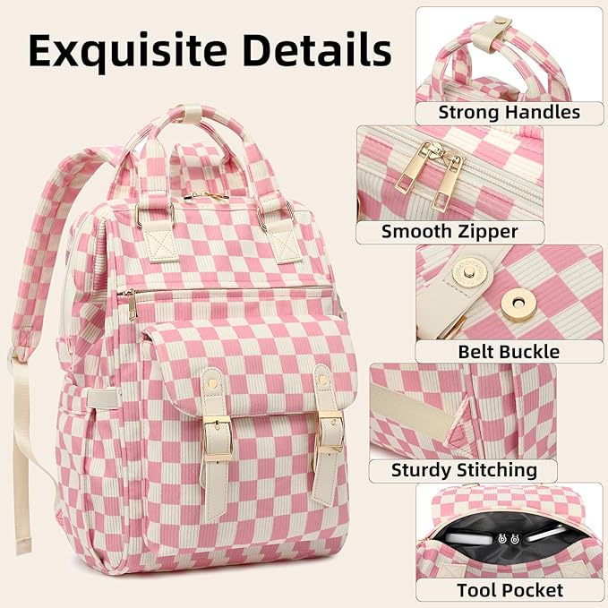 Corduroy Laptop Backpack for Women 15.6 Inch Stylish College School Bookbag, Business Work & Travel Computer Backpacks (Checkered Pink)