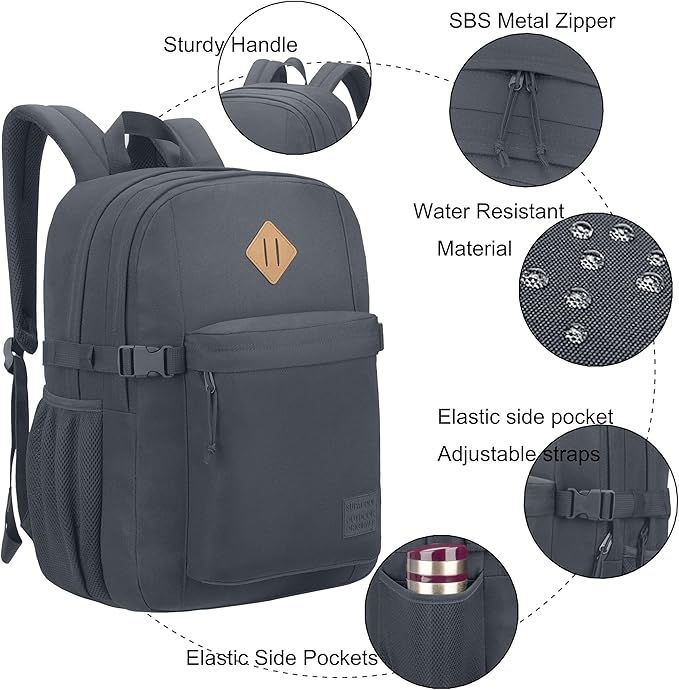 SUPACOOL Casual Backpack For School, Classical Travel Backpack for Men and Women, Bookbag for Boys, Girls and Kids, Laptop Compartment(Dark Grey)
