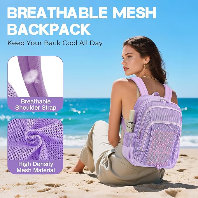 Mesh Backpack, Heavy Duty Mesh Bookbag for Girls Boys Kids, See Through Clear Backpacks, Net Backpack Transparent Breathable for School Beach Swim Travel Outdoor, Purple