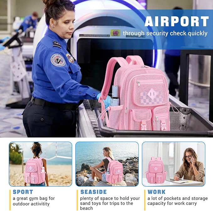 MOONBABY Mesh Backpack for School Heavy Duty See Through Net Bookbag Girls Semi-Transparent Net Back Pack for Beach, Swimming, Sports, Work, Travel (Pink)