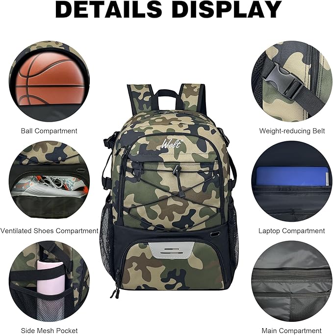 WOLT Basketball Backpack Large Sports Bag with Separate Ball Holder & Shoes Compartment, Best for Basketball, Soccer,Gym