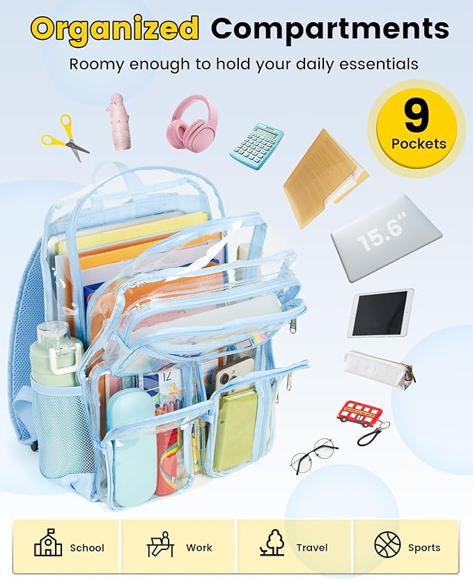 Vorspack Clear Backpack Heavy Duty - Large Clear Bookbag Transparent See Through Backpacks for College Work Festival - Sky Blue