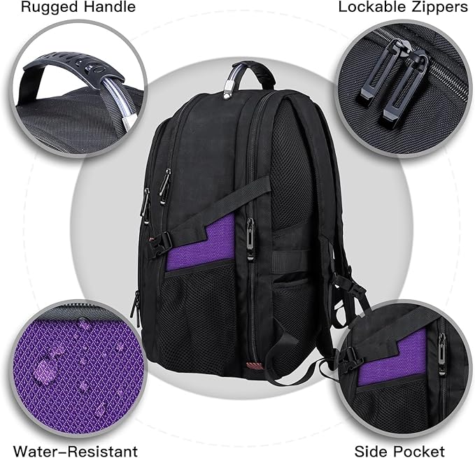 Extra Large Backpack, Travel Laptop Backpack, Sturdy TSA Water Resistant 17.3 Inch Carry on Backpacks, Anti Theft Business Computer Backpacks Gifts for Men Women, Purple