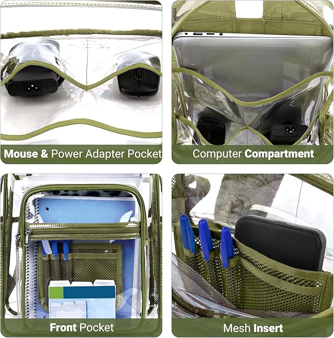 ZORFIN Clear Backpack Heavy Duty for School & Work – 17in Transparent PVC Bag with Large Capacity & Reinforced Straps – See Through Bookbag for Men, Women, Boys & Girls, Workplace Security - Green