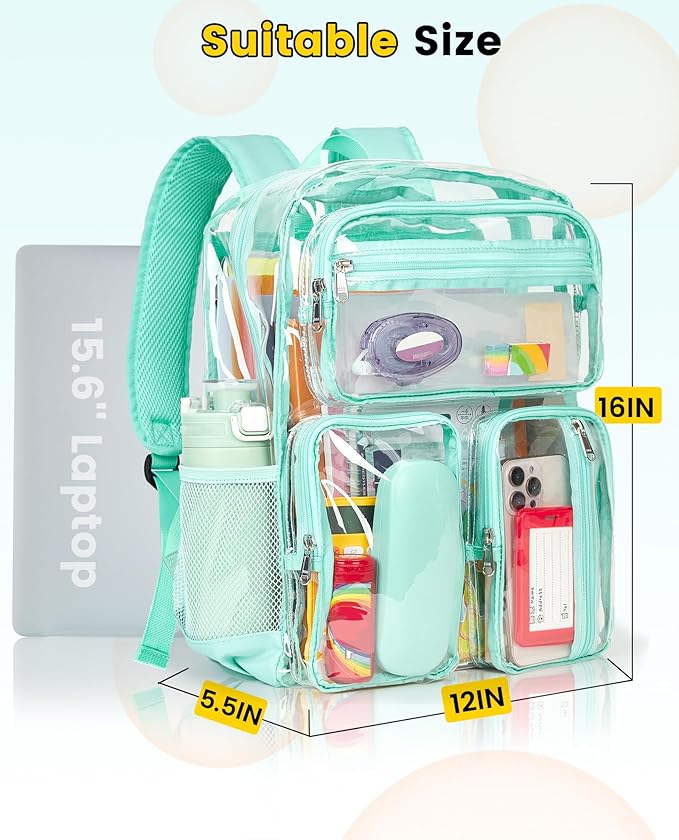 Vorspack Clear Backpack Heavy Duty - Large Clear Bookbag Transparent See Through Backpacks for College Work Festival - Mint Green