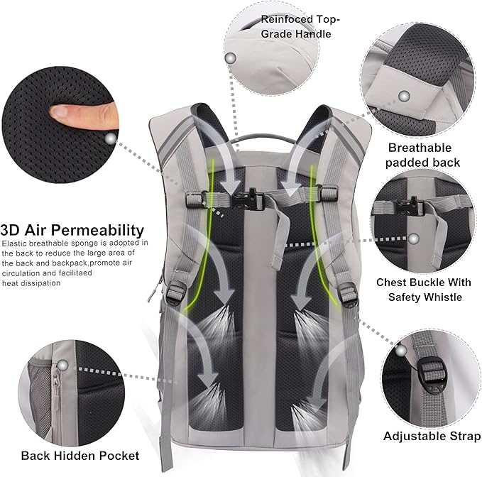 KEOFID Casual Backpack for Men and Women, Hiking Backpack for Travel, Black Daypacks for Sports, College, Water Resistant(Light Grey)