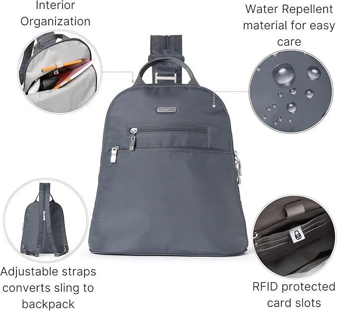 Baggallini Essential Mini Backpack Purse for Women - Built-in RFID Card Holder - Convertible Sling Bag with Adjustable Shoulder Strap, Charcoal Gray