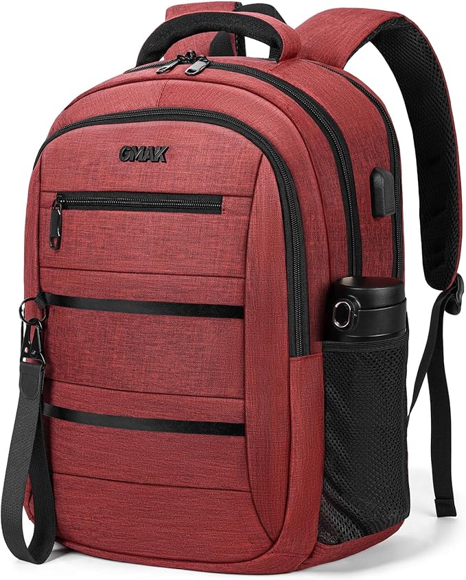GMAK Travel Laptop Backpack for Men & Women, Business Anti Theft Laptops Backpacks with USB Charging Port, Fits 15.6 Inch Notebook, Water Resistant College School Computer Bag for Travel Sports, Red