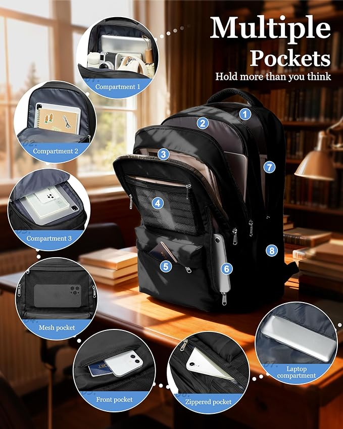 Cute High School Backpack for Women Men, Large Capacity Middle School Bag, Lightweight Bookbag for Teens Boys Girls, Waterproof College Backpack with lots of Pockets, Black