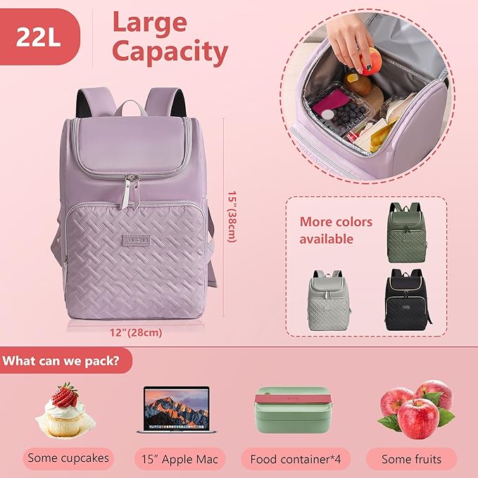 Women's Insulated Lunch Backpack for 15.6"Computer, Soft Backpack Coolers LeakProof Travel Cooler Bag Waterproof Lunch Picnic Beach Work Trip Thermal Bag Drink Beverage Beer (Heathered Lilac)