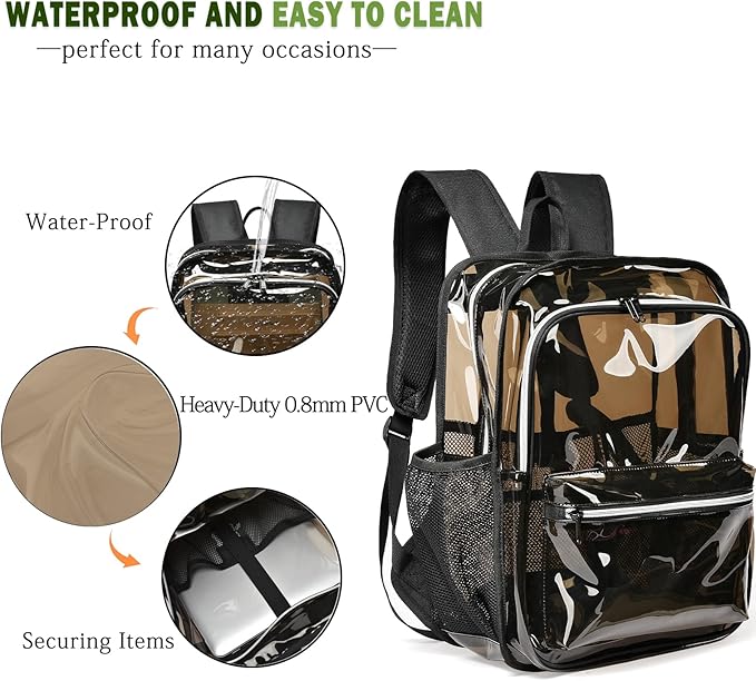 Clear Backpack,15 '' Clear Backpacks for School Heavy Duty PVC See Through Bag Waterproof Bookbag for Girls & Boys, 2 Pack