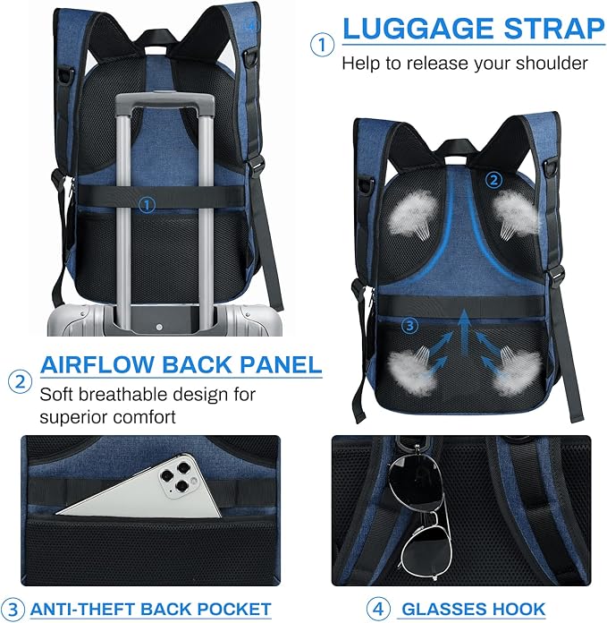RAINSMORE Laptop Backpack 17 Inch Large Travel Backpack for Men Women Waterproof Computer Work Business College Bookbag TSA Friendly Carry on Backpack with USB Port, Blue