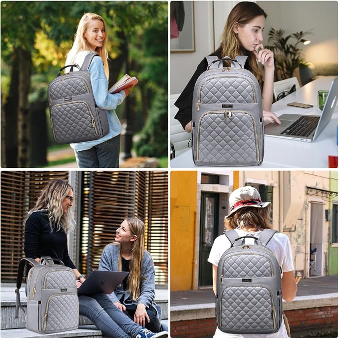 Backpacks for Women, School Backpack for Teen Girls, 15.6 Inch Cute Quilted Laptop Backpack with USB Charging, Large Bookbag for Middle School College Students, Grey