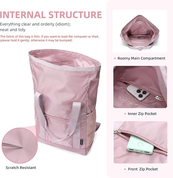 Foldable Convertible Tote Backpack Lightweight Versatile Nylon Daypack for Women Work Leisure Travel,Berry Pink