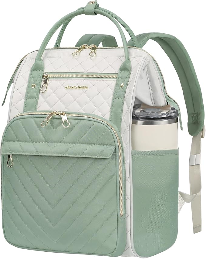 KROSER Laptop Backpack 17" Stylish Backpack Water Repellent College Casual Daypack with USB Port Travel Business Work Bag for Men/Women-Beige/Light Green