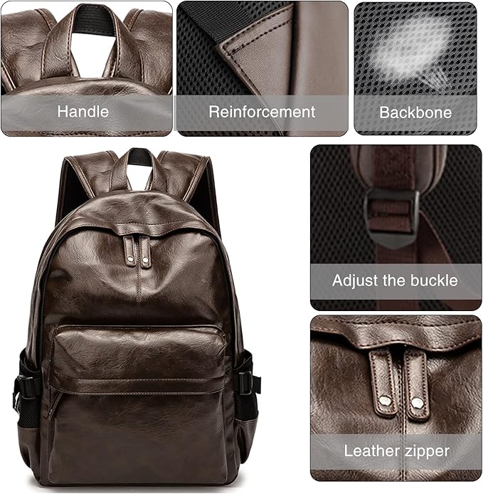 Leather Laptop Backpack for Men Women, School College Bookbag Casual Travel Daypack (Brown)