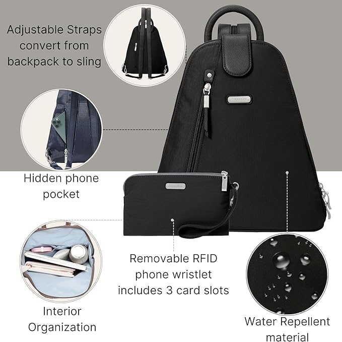 Baggallini Metro Backpack with RFID Phone Wristlet - 9x11 Convertible Sling Bag for Women with Adjustable Shoulder Straps