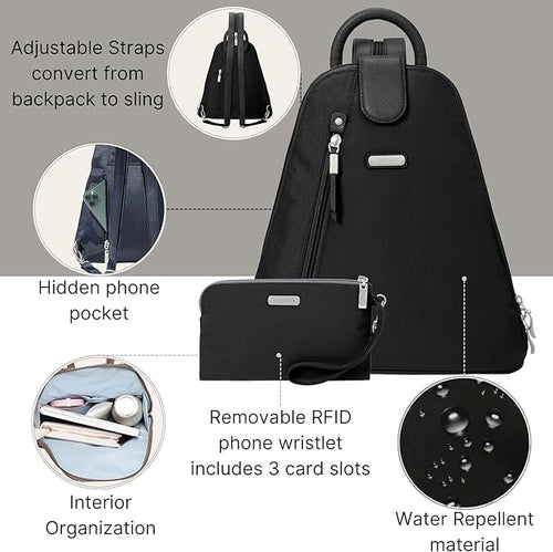Baggallini Metro Backpack with RFID Phone Wristlet - 9x11 Convertible Sling Bag for Women with Adjustable Shoulder Straps