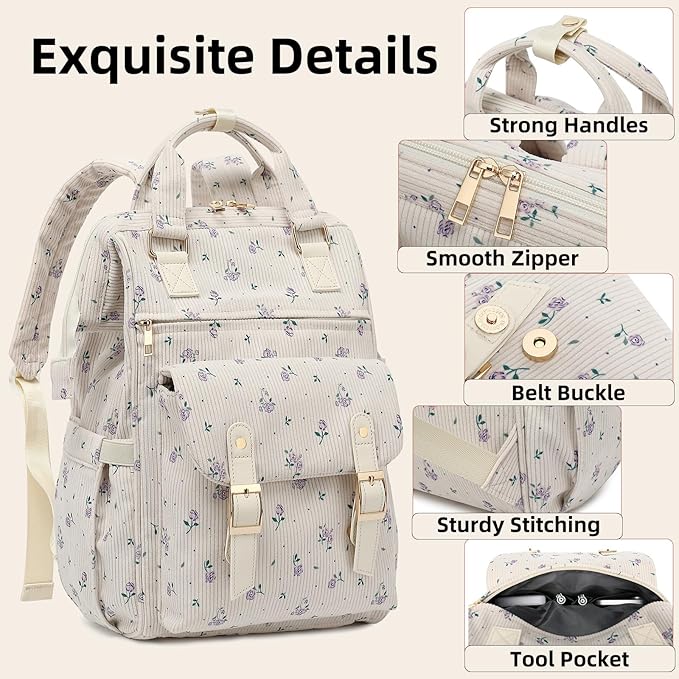Corduroy Laptop Backpack for Women 15.6 Inch Stylish College School Bookbag, Business Work & Travel Computer Backpacks (Floral Purple)