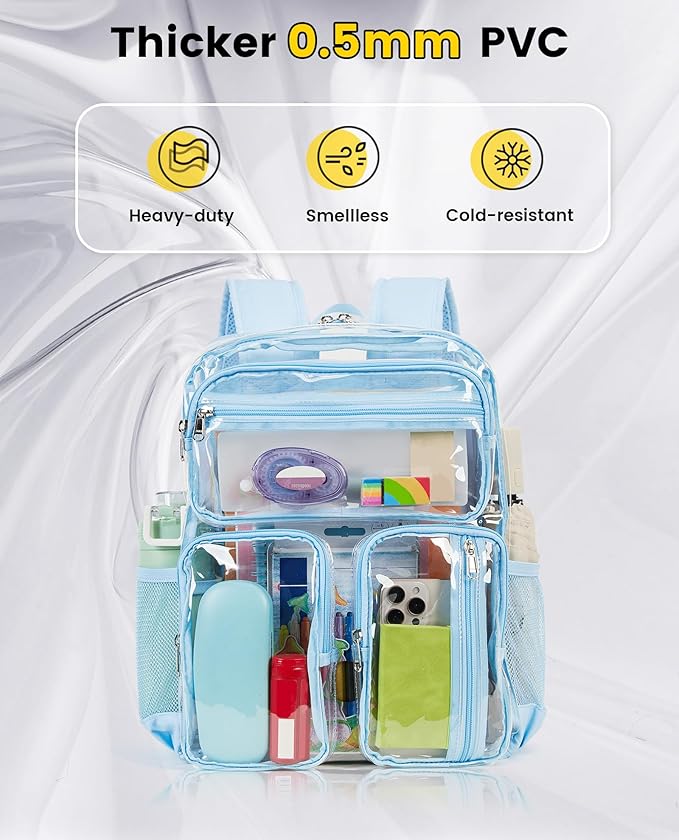 Vorspack Clear Backpack Heavy Duty - Large Clear Bookbag Transparent See Through Backpacks for College Work Festival - Sky Blue