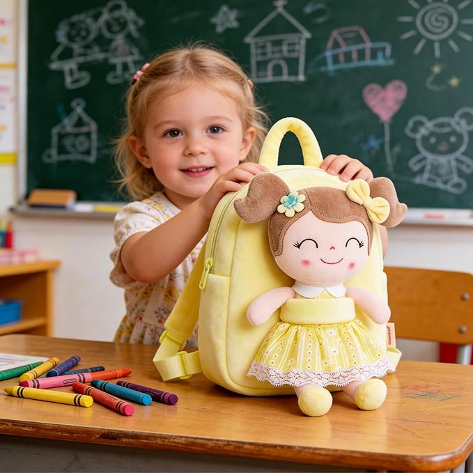 Gloveleya Back to School Gifts for Girls Kids Backpack Toddler Girls Backpacks with Soft Plush Spring Girl Doll Toys Yellow