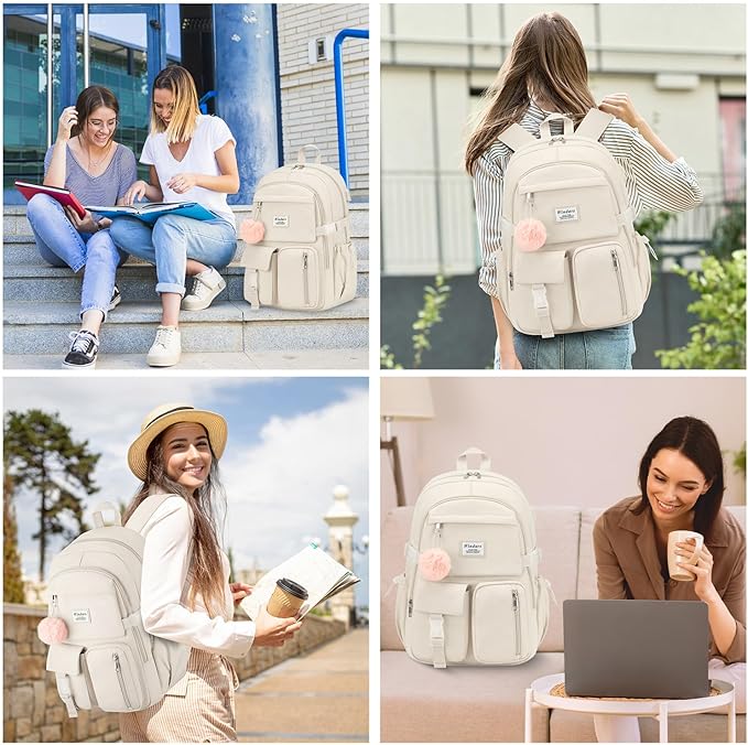 Backpack for Teen Girls, 15.6 Inch Laptop Backpack Cute Kids Bookbag for Middle School College Students, Large School Bag for Women (Beige)
