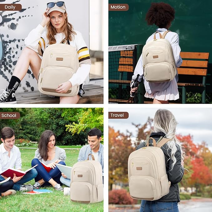 LOVEVOOK Travel Laptop Backpack for Women, Waterproof Work Backpack Fits 15.6 Inch Laptop, Large Computer Backpack for College, Beige