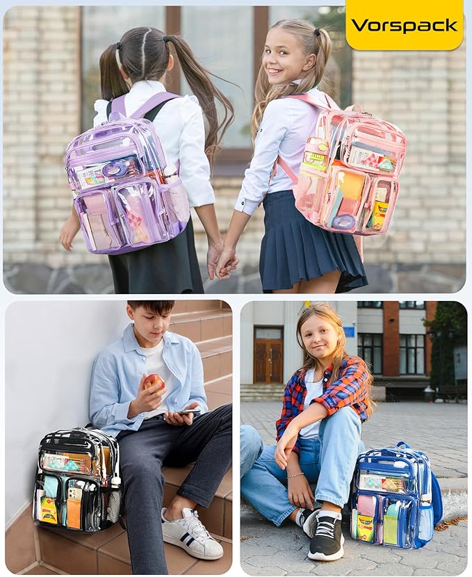 Vorspack Clear Backpack for School - Heavy Duty See Through Bookbag for Girls Boys Large Transparent Backpacks for Work, Travel, Festival - Blue