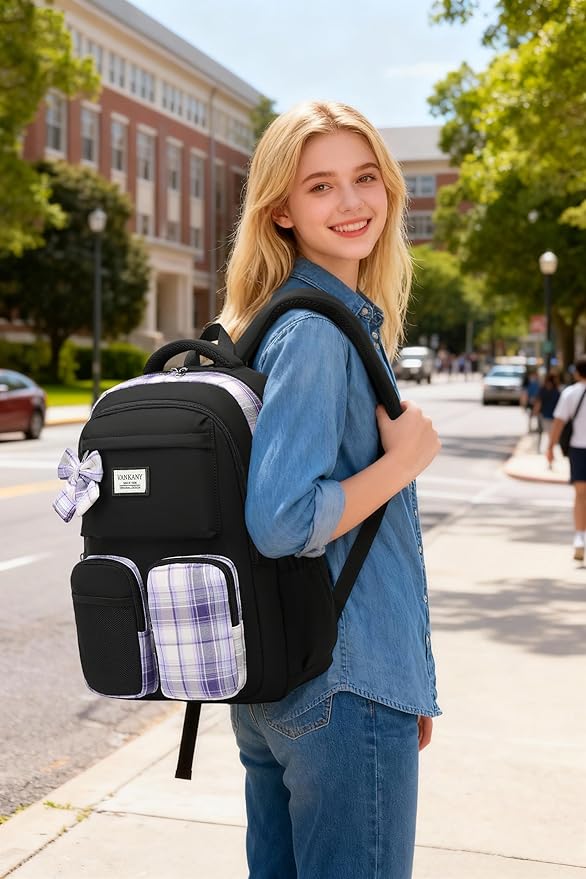 School Backpack for Teen Girls Cute Bookbags Middle High School College Laptop Bags Women Travel Teenage School Bag Daypack, Black Purple