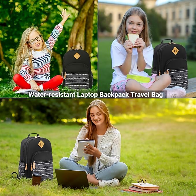 Leaper Travel Backpack for Women Laptop Backpack for Men Water-resistant School Backpack for Girls Kids Boys Back Pack Casual Daypack Satchel Geometric Black