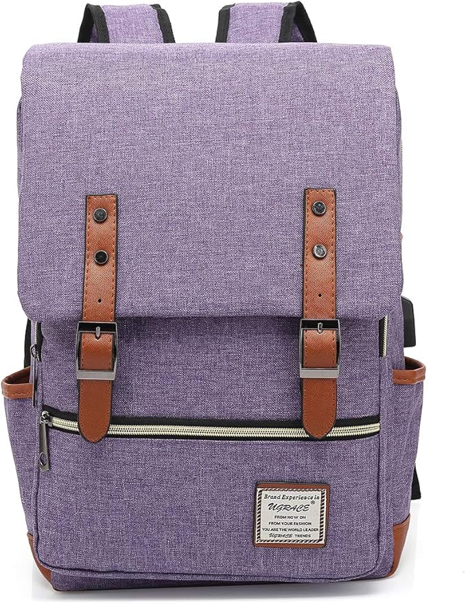 UGRACE Vintage Laptop Backpack with USB Charging Port, Elegant Water Resistant Travelling Backpack Casual Daypacks College Shoulder Bag for Men Women, Fits up to 15.6Inch Laptop in Purple