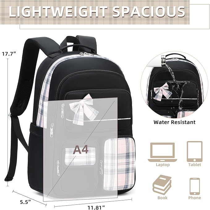 Backpack for Girls,School Backpacks for Teen,Cute College Bags for Women Students Large Bookbag 15.6 Inch Laptop Bag Back Pack Kids Kindergarten Elementary Casual Travel Daypacks Black