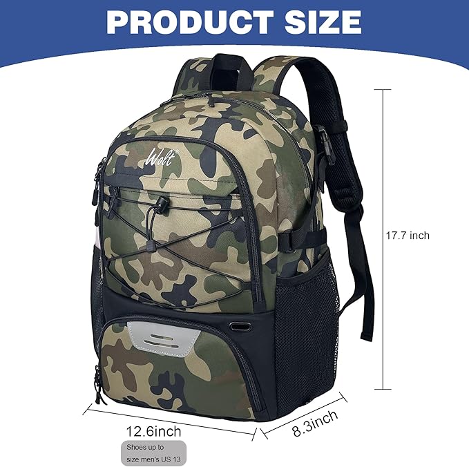 WOLT Basketball Backpack Large Sports Bag with Separate Ball Holder & Shoes Compartment, Best for Basketball, Soccer,Gym