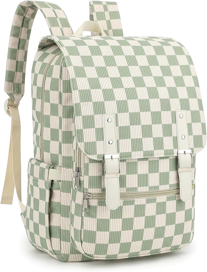 Corduroy Travel Backpack for Women, 15.6 Inch College Laptop Backpack, Fashion School Bookbag Work Backpacks (Corduroy Checkered Green)