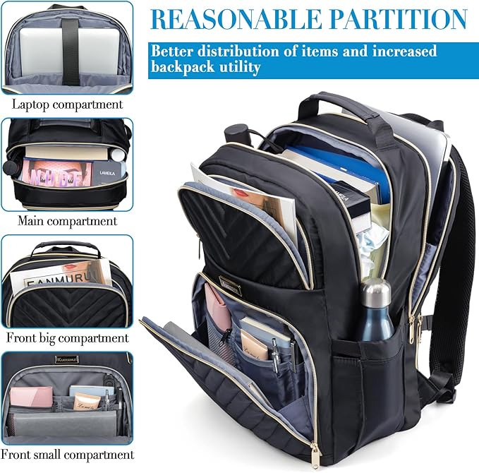 Laptop Backpack for Women, School Backpack for Teen Girls, 15.6 Inch Quilted Work Backpack Purse, Large Anti-theft Bookbag for Students, Casual Daypacks for Women,Black