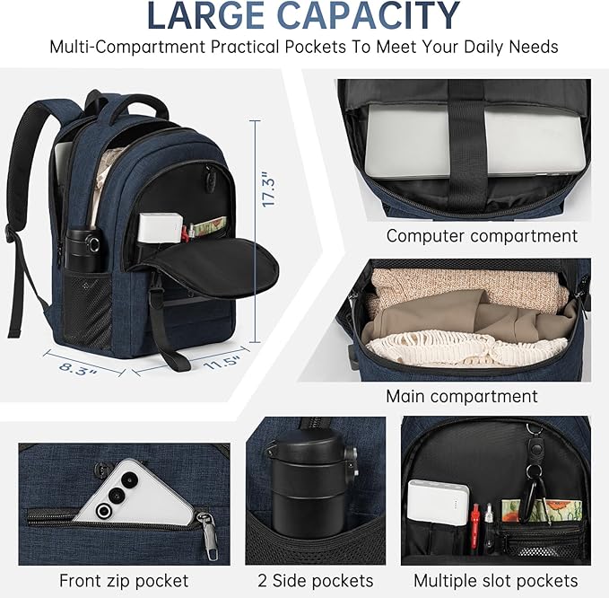GMAK Travel Laptop Backpack for Men & Women, Business Anti Theft Laptops Backpacks with USB Charging Port, Fits 15.6 Inch Notebook, Water Resistant College School Computer Bag for Travel Sports, Blue